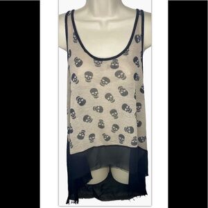 Blush Juniors Skull Graphics Tank Top M Tan Black Sheer Back Knit Sleeveless